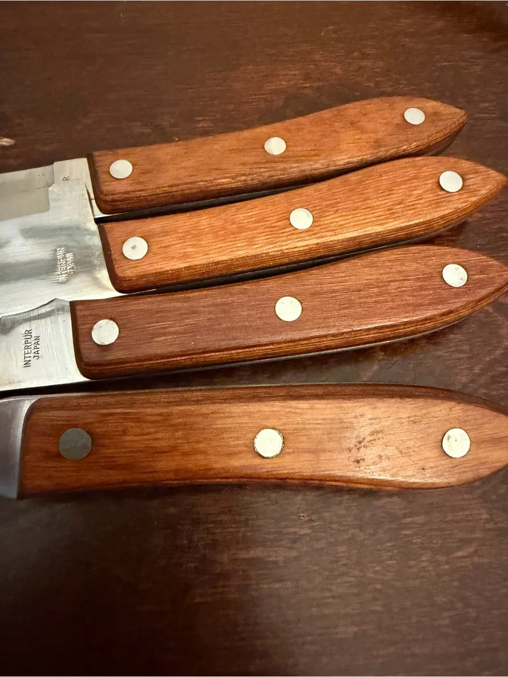 Vintage Interpur Japan Stainless Steel Carving Set 3 Knives 1 Fork Wood Handle